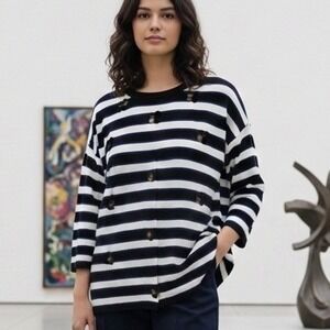 Elle $79 Medium Black Blue White Striped Sequin Bead Embellished Knit Sweater